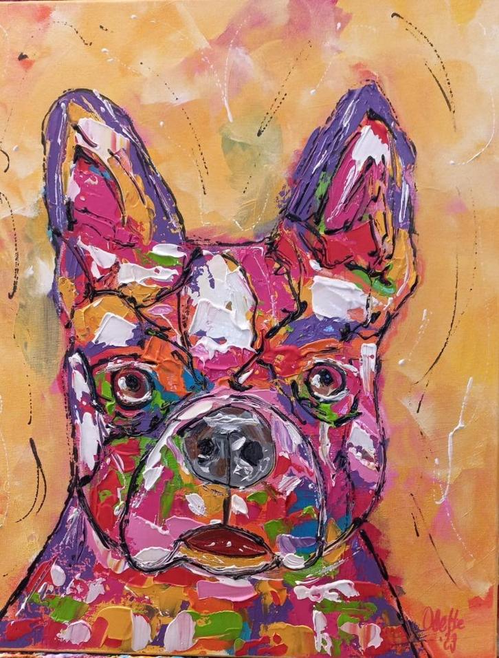Schilderij met kleurrijke stoere buldog, Huis en Inrichting, Woonaccessoires | Schilderijen, Tekeningen en Foto's, Nieuw, Schilderij