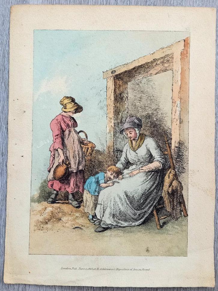 Ackermann's Repository of Arts 1813 Zittende vrouw met kind, Antiek en Kunst, Kunst | Etsen en Gravures, Ophalen of Verzenden