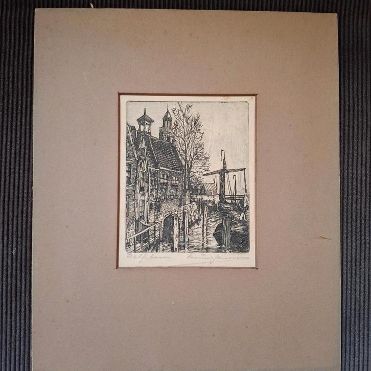 Ets Delfshaven Marius Janssen, Antiek en Kunst, Kunst | Etsen en Gravures, Ophalen of Verzenden