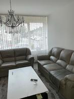 Leren Bankstel 2- en 3-zits - Grijs/Beige, Ophalen, Gebruikt, Tweepersoons, Leer