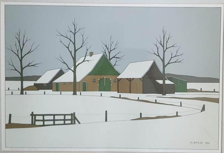 Klaas Bernink(1913)Zeefdruk"Twentse boerderij winter"Ges Gen, Antiek en Kunst, Kunst | Litho's en Zeefdrukken, Ophalen of Verzenden