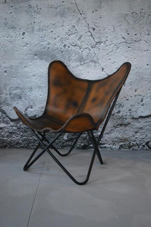 Vlinderstoel echt leer - leren butterfly chair - stuntprijs!, Huis en Inrichting, Fauteuils, Nieuw, Leer, Metaal, Ophalen