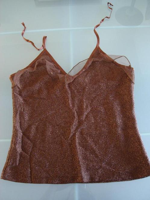 Bruin glittertopje (jaren 80), Kleding | Dames, Tops, Zo goed als nieuw, Maat 38/40 (M), Bruin, Zonder mouw, Ophalen of Verzenden