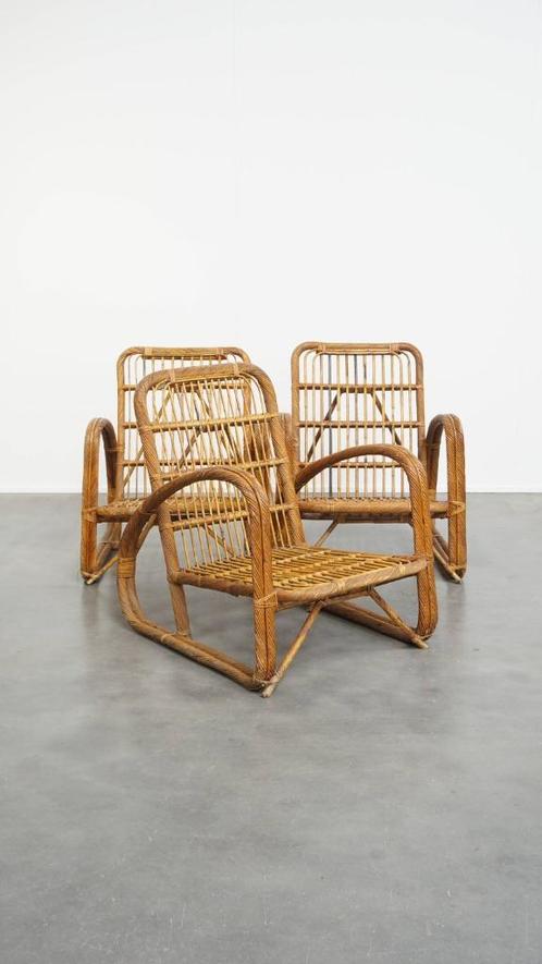 3x Luxe Franse rotan vintage design fauteuil uit de jaren 50, Huis en Inrichting, Fauteuils, Gebruikt, Riet of Rotan, 50 tot 75 cm
