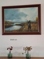 Schilderij van jachttafereel met jager en hond, Antiek en Kunst, Kunst | Schilderijen | Klassiek, Ophalen