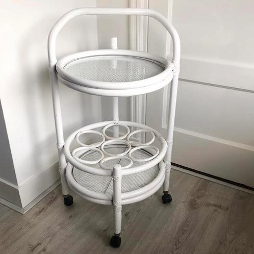 Rotan bamboe trolley wijnbar dranktafel barcart rond wit, Huis en Inrichting, Tafels | Bijzettafels, Gebruikt, Rechthoekig, Minder dan 55 cm