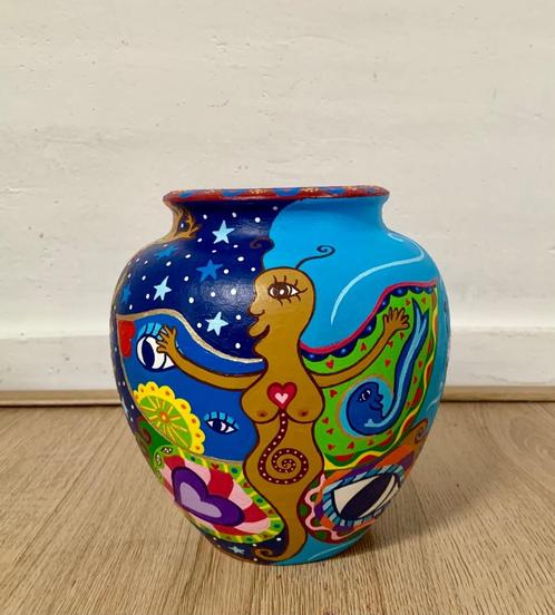 Vaas plantenpot handbeschilderd uniek kleurrijk kunst, Huis en Inrichting, Woonaccessoires | Vazen, Nieuw, Overige kleuren, Minder dan 50 cm