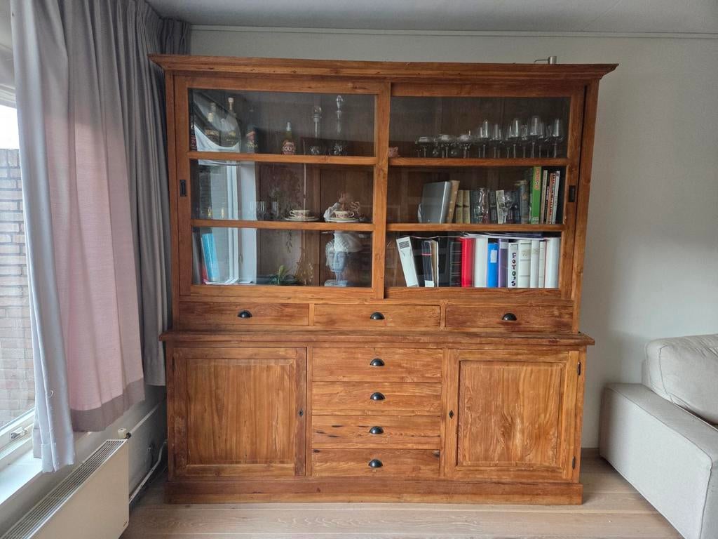 Teak Houten Buffetkast met Glas, Huis en Inrichting, Kasten | Buffetkasten, Ophalen, Gebruikt, Met deur(en), 200 cm of meer