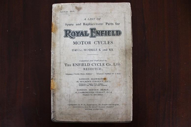Royal Enfield 1140cc models K KX 1937 motorcycle parts list, Motoren, Ophalen of Verzenden, Overige merken