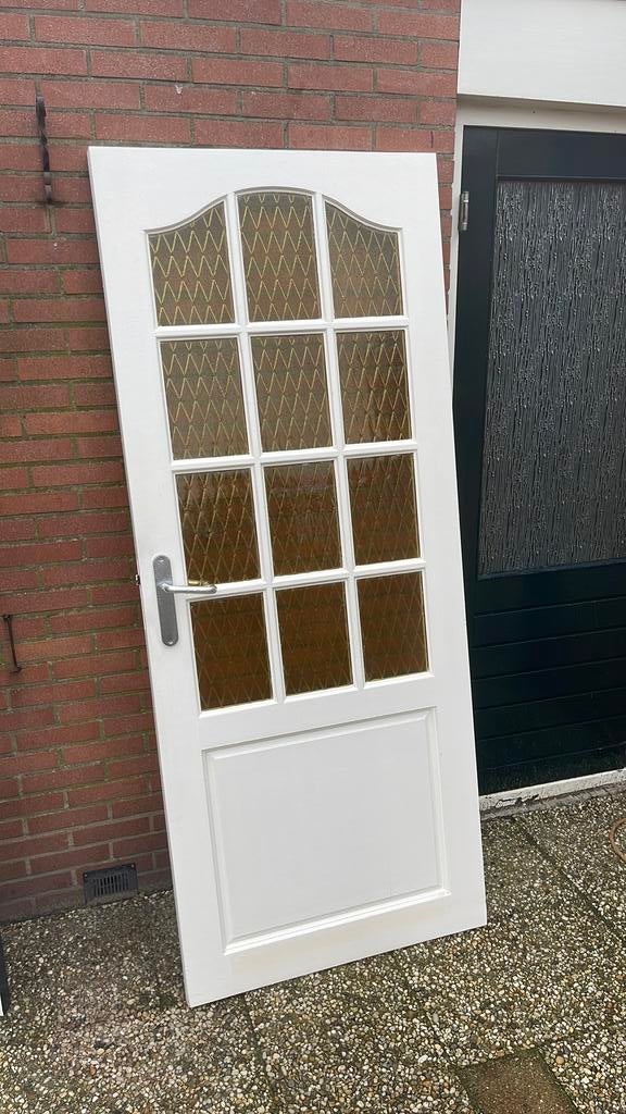 Hardhouten deur met glas, Doe-het-zelf en Verbouw, Deuren en Horren, Ophalen, Gebruikt, 80 tot 100 cm, Binnendeur