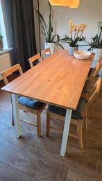Pinntorp eettafel 185x75, inclusief 6 stoelen en kussentjes, Huis en Inrichting, Ophalen, 50 tot 100 cm, Zo goed als nieuw, Vijf personen of meer