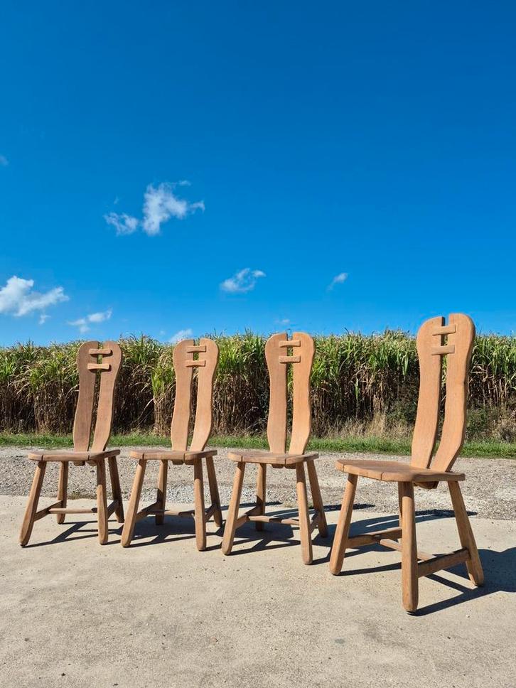 Set 4 - brutalist vintage eiken stoel De puydt kunstmeubelen, Huis en Inrichting, Stoelen, Zo goed als nieuw, Vier, Hout, Bruin