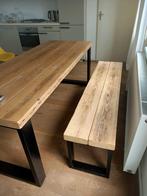 Houten bank met zwarte metalen poten, Ophalen, Gebruikt, Metaal, Drie