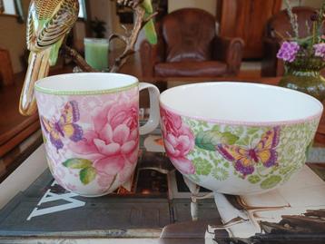 Villeroy en Boch servies bloem vlinder mok kom brocante beschikbaar voor biedingen