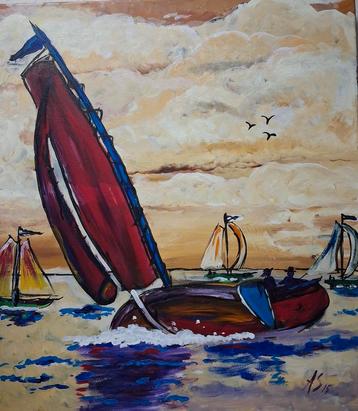 Acrylverf schilderij Zeilboten op Zee beschikbaar voor biedingen