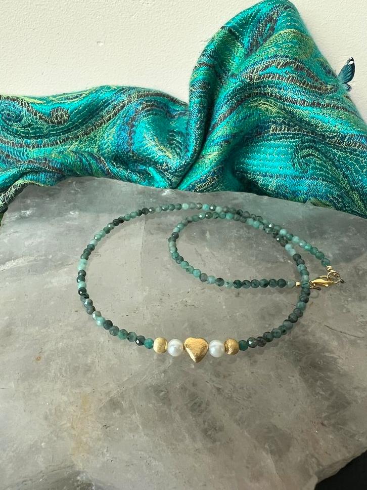 Smaragd Akoya zoutwater parel beschermt geluk intuïtie magie, Sieraden, Tassen en Uiterlijk, Kettingen, Nieuw, Zilver, Groen, Met edelsteen