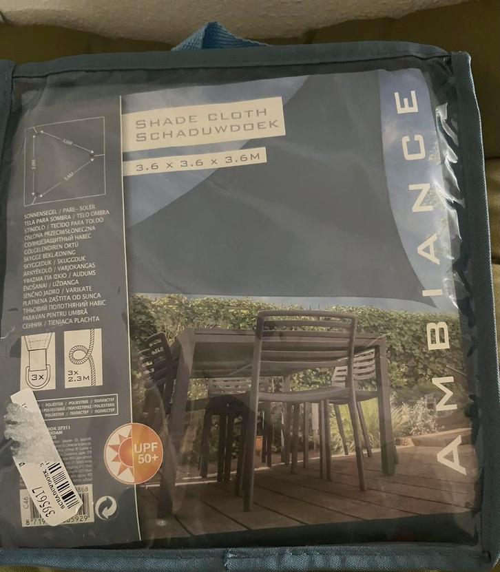 Schaduwdoek Ambiance. nieuw in Verpakking. 3,6x3,6x3,6, Tuin en Terras, Schaduwdoeken, Zo goed als nieuw, Ophalen of Verzenden