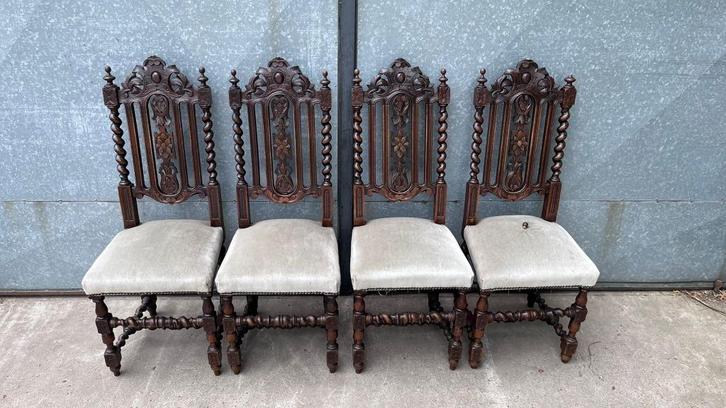 Set van 4 antieke barokstoelen - rijk gesneden hout & fluwel, Antiek en Kunst, Antiek | Meubels | Stoelen en Banken, Ophalen