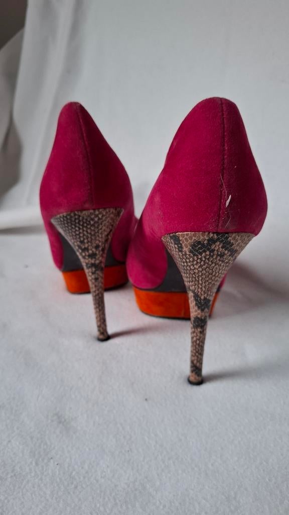 Sexy fucsia pumps met plateau en print hak - maat 41, Pumps, Ophalen of Verzenden, Onbekend, Roze