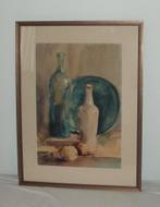Aquarel, Met flessen , fruit en bord ., Antiek en Kunst, Ophalen of Verzenden