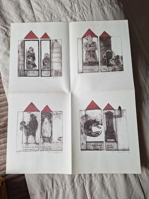 Karin Campfens 4 x zeefdruk uit '90 4 x A4  formaat, titels:, Antiek en Kunst, Kunst | Litho's en Zeefdrukken, Ophalen of Verzenden