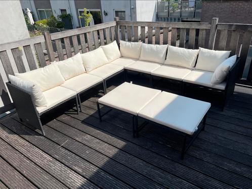 Zwarte Rattan modulaire Tuinset met creme kussens, Tuin en Terras, Tuinsets en Loungesets, Gebruikt, Loungeset, Rotan, 7 zitplaatsen