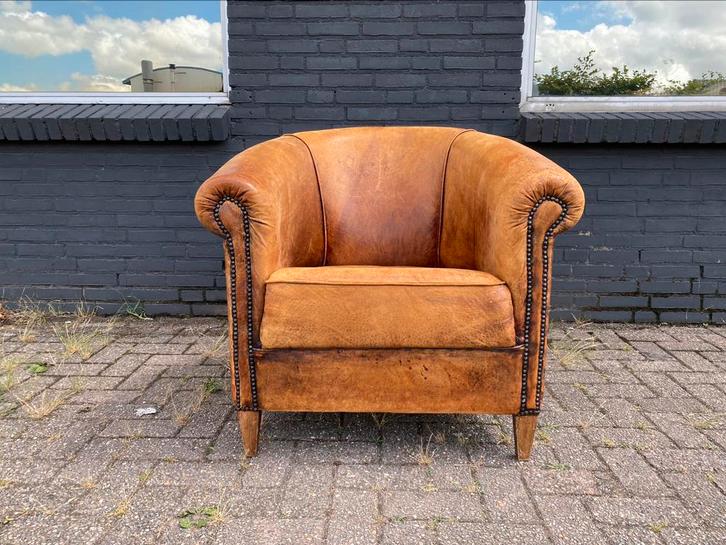 schapenleren club fauteuil cognac, Huis en Inrichting, Fauteuils, Gebruikt, Leer, 75 tot 100 cm, Ophalen of Verzenden