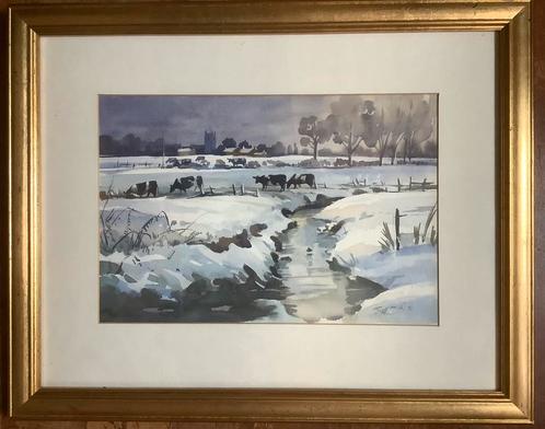 Winter, koe, koeien, Engeland, UK, cow, Waugh, sneeuw., Antiek en Kunst, Kunst | Schilderijen | Klassiek, Ophalen of Verzenden