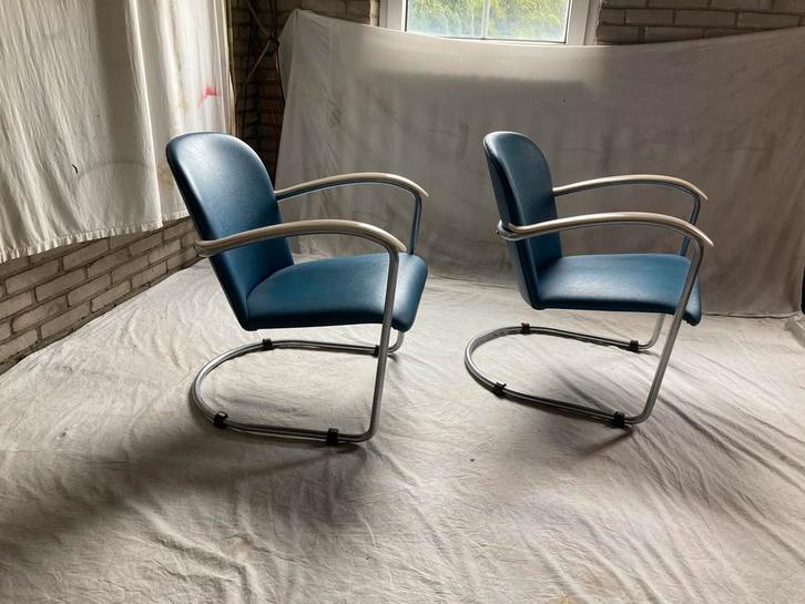 2 Vintage Jaren '50 Mat Chroom Gispen 414 Fauteuils Blauw, Huis en Inrichting, Fauteuils, Zo goed als nieuw, Leer, Metaal, 50 tot 75 cm