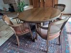 Ronde eikenhouten eetkamertafel met verlengblad en 4 stoelen, Ophalen, Zo goed als nieuw, 4 tot 6 stoelen