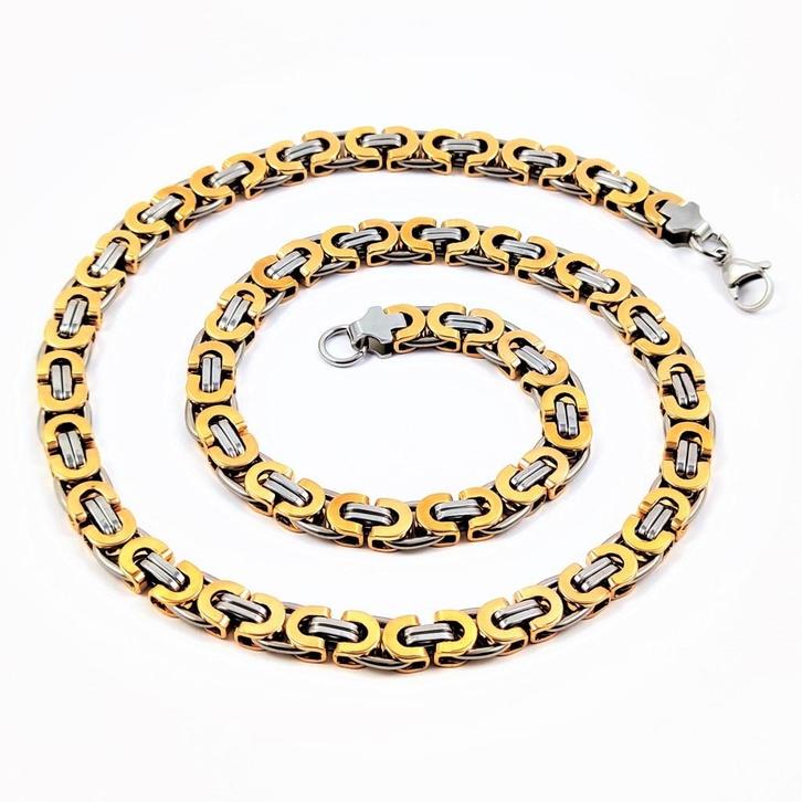9mm Goudkleur-Zilverkleur RVS Platte Koningsketting Heren, Sieraden, Tassen en Uiterlijk, Kettingen, Nieuw, Overige materialen
