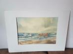 aquarel schelpenvisser strand W. Eunis met passepartout, Antiek en Kunst, Ophalen