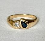 14k gouden ring met diamant van 0.15ct en saffier 0.25ct!, Sieraden, Tassen en Uiterlijk, Ringen, Geel, Ophalen of Verzenden, 17 tot 18