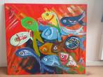 Schilderij (79 bij 89 cm) met vissen, Ophalen, Gebruikt, Schilderij, 75 tot 100 cm