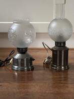 Tinnen schemerlamp met bewerkte glazen kap, Ophalen of Verzenden, Zo goed als nieuw, Minder dan 50 cm