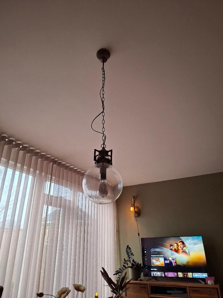 Industriële hang lamp, Huis en Inrichting, Lampen | Hanglampen, Ophalen, 50 tot 75 cm, Zo goed als nieuw, Glas