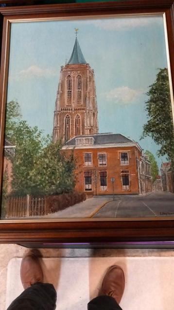 Schilderij L. Heyligers - Stadsgezicht met Kerktoren beschikbaar voor biedingen