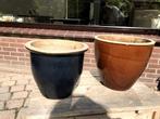 Grote bruine en blauwe tuin bloempot., Ophalen, Rond, Zo goed als nieuw, Tuin