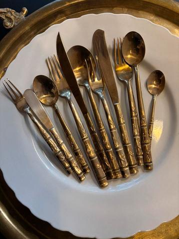 Vintage jaren 60 bamboe messing brons bestekset 8 persoons beschikbaar voor biedingen