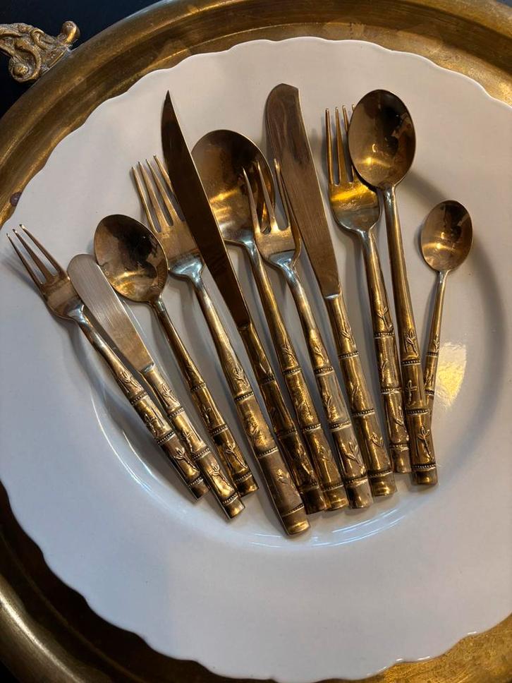 Vintage jaren 60 bamboe messing brons bestekset 8 persoons, Antiek en Kunst, Antiek | Bestek, Ophalen of Verzenden