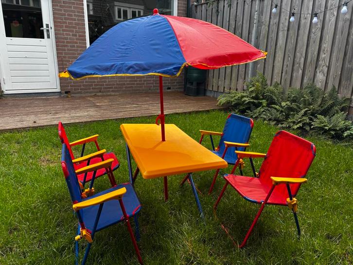 Retro Kinder Picknicktafel met Parasol & 4 Stoelen, Tuin en Terras, Tuinstoelen, Gebruikt, Overige materialen, Ophalen of Verzenden