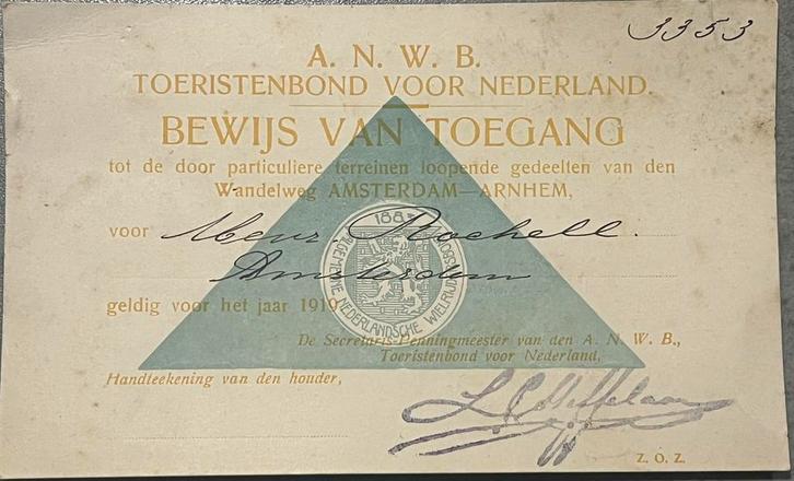 bewijs toegang 1919 wandelen particuliere terreinen ANWB, Verzamelen, Overige Verzamelen, Ophalen of Verzenden