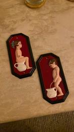 Twee vintage gietijzeren toilet bordjes, Ophalen, Gebruikt