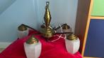 Messing hanglamp met 5 glazen kappen, Ophalen, Zo goed als nieuw, Glas, 50 tot 75 cm
