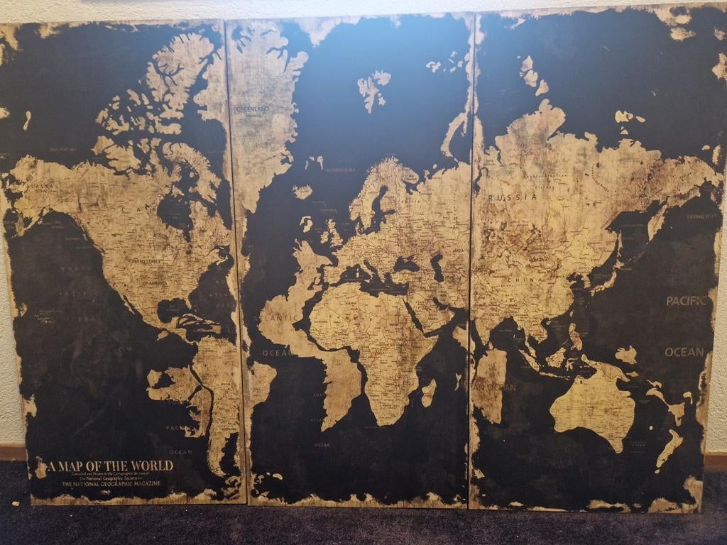 Drieluik wereldkaart hout, Huis en Inrichting, Woonaccessoires | Wanddecoraties, Ophalen of Verzenden, Gebruikt