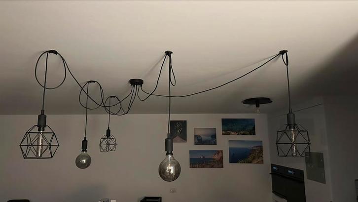 Set van 5 industriële hanglampen – zwart met rookglas, Huis en Inrichting, Lampen | Hanglampen, Zo goed als nieuw, Minder dan 50 cm