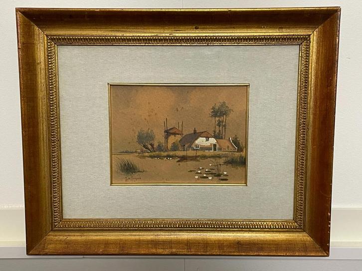 Marius de Jongere - Aquarel - Boerderij met hooiberg, Antiek en Kunst, Kunst | Schilderijen | Klassiek, Ophalen of Verzenden