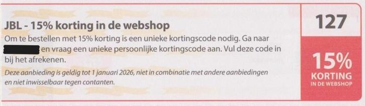 JBL 15% korting in de webshop. Postcode kortingsbon nr 127., Tickets en Kaartjes, Kortingen en Cadeaubonnen, Eén persoon, Warenhuis- of Winkelbon
