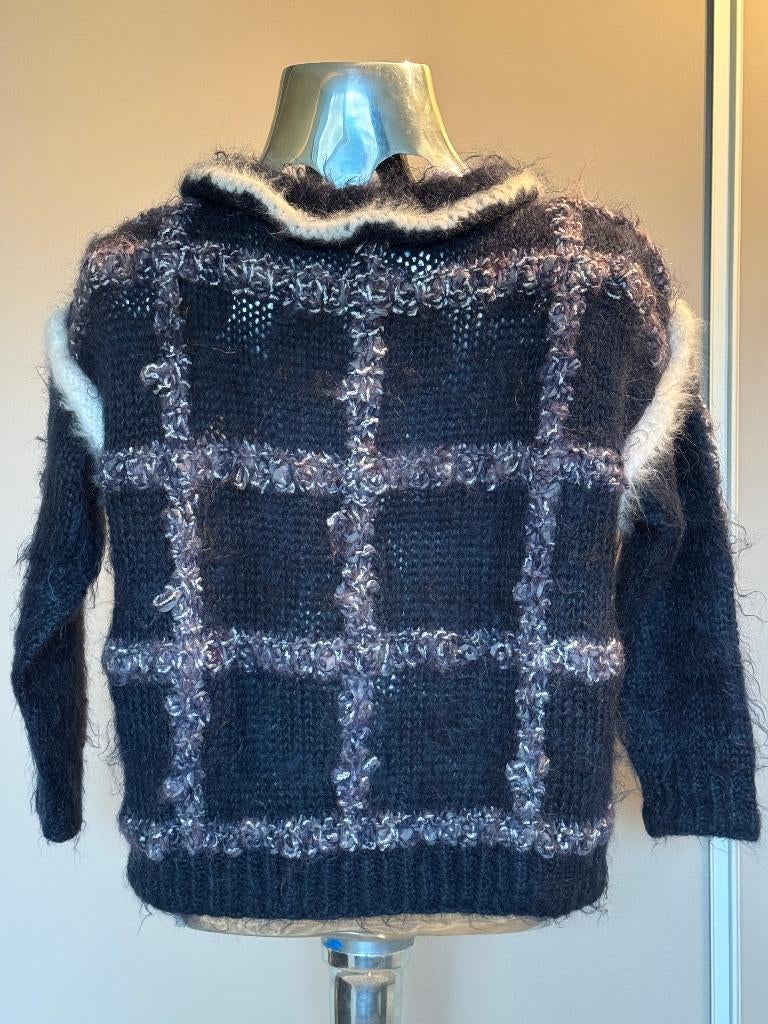 Vintage handgebreide wol mohair trui Anny Blatt stijl uniek, Ophalen of Verzenden, Gedragen, Maat 38/40 (M), Blauw