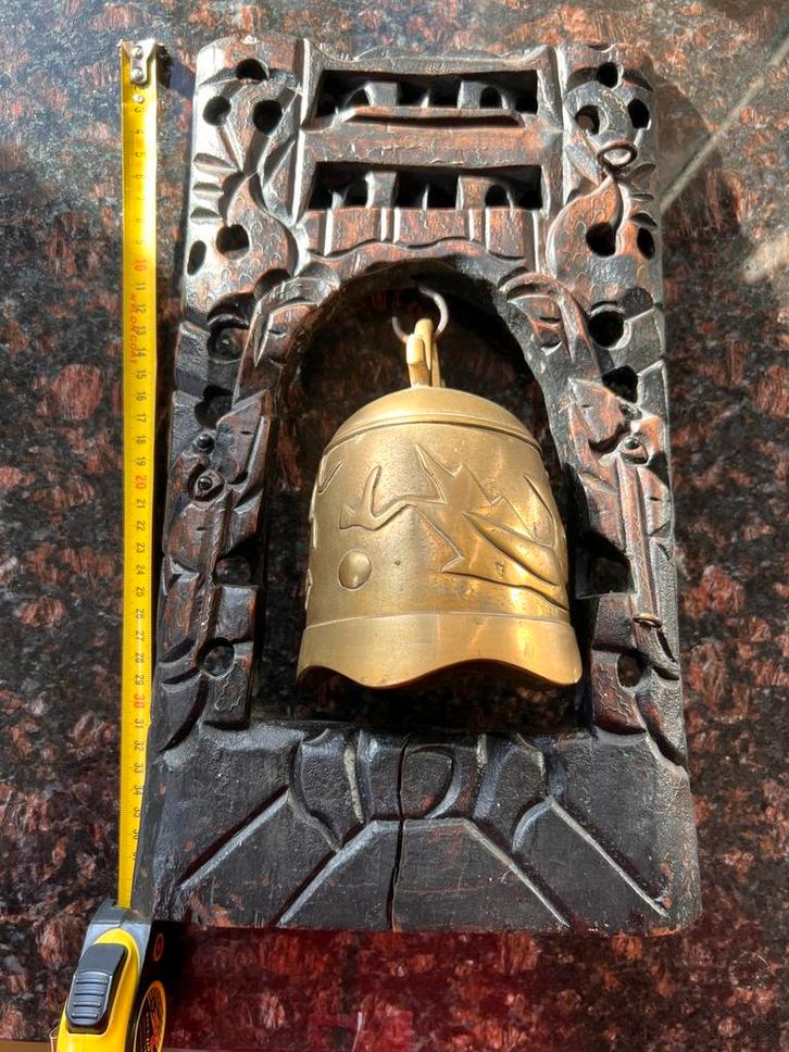 Koperen bel 0,58kg in antieke houten houder, Antiek en Kunst, Antiek | Koper en Brons, Koper, Ophalen of Verzenden